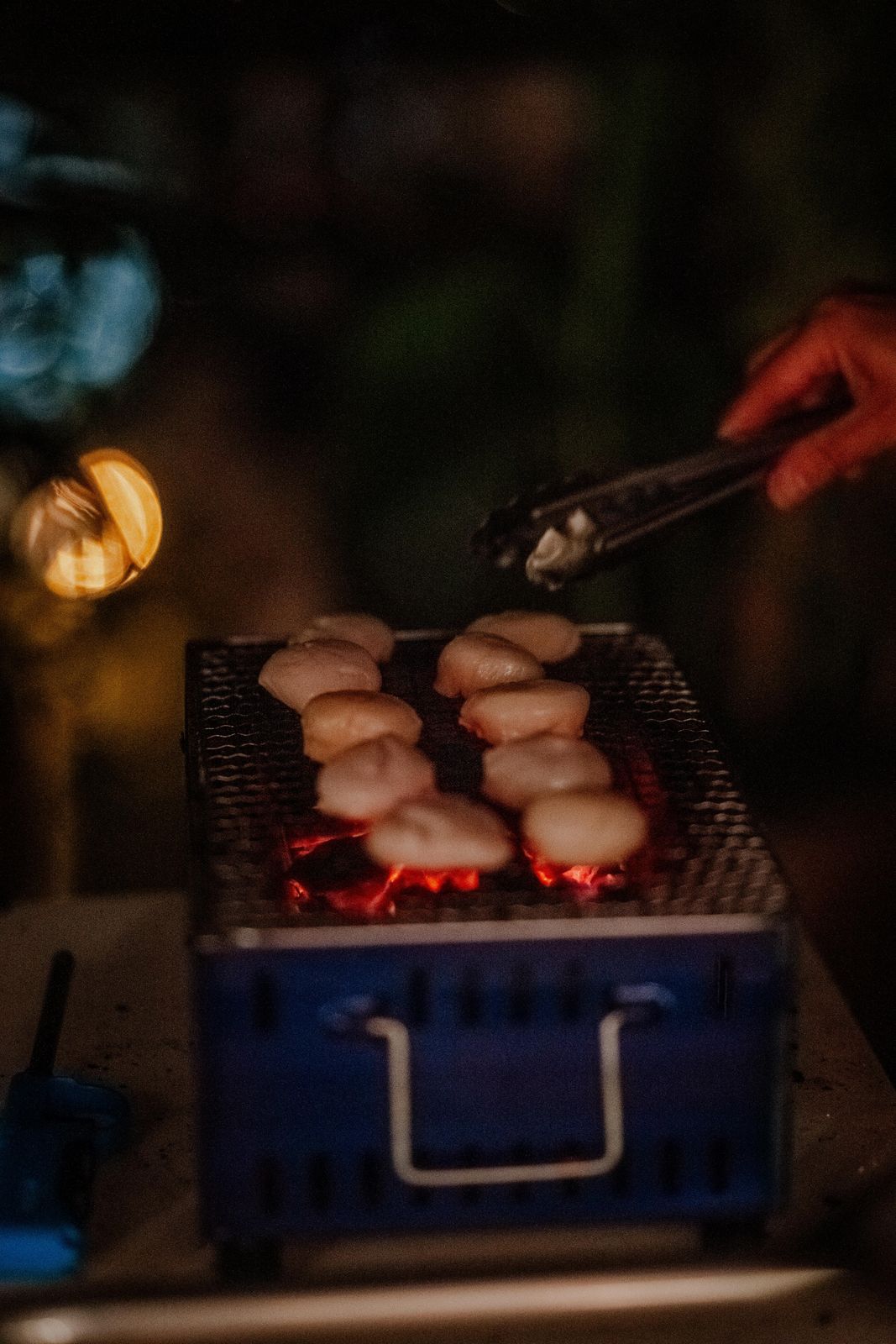 Scallops grilling over hot coals at a private dinner