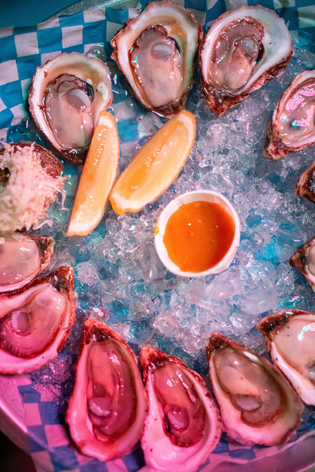 Oysters on ice under the pink neon sign at Art Crawl