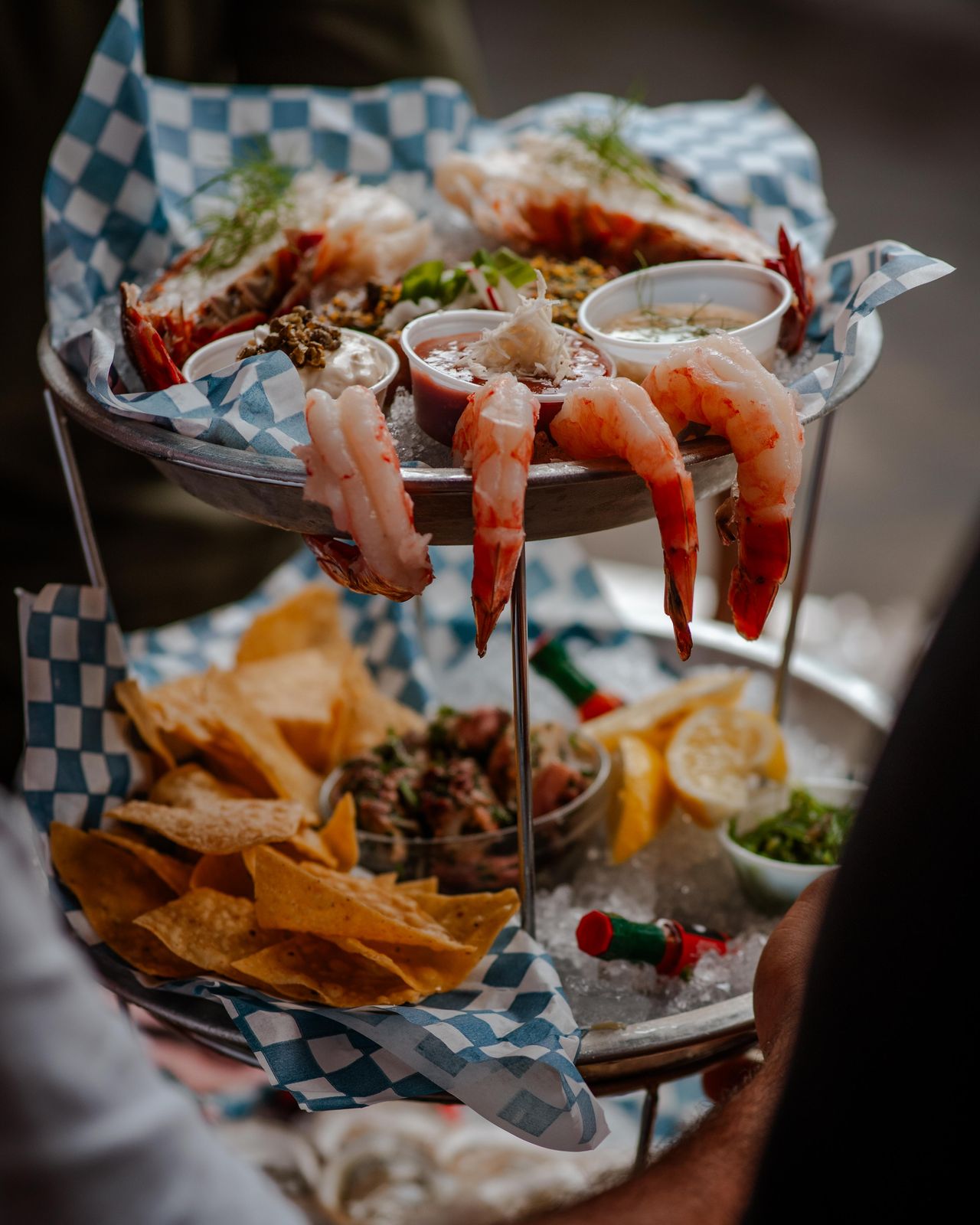 A seafood tower with shrimp and oysters at Supercrawl