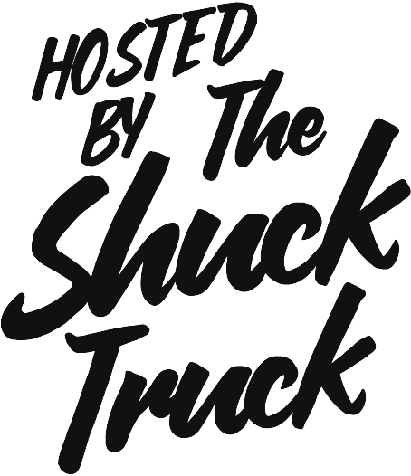 Hand lettered stamp reading Hosted by The Shuck Truck